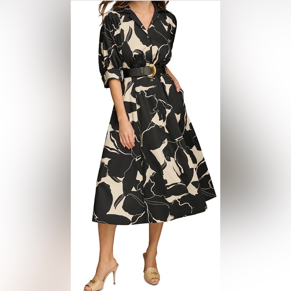 Donna Karan Black and Cream Patterned Belted Fit and Flare Shirt Dress